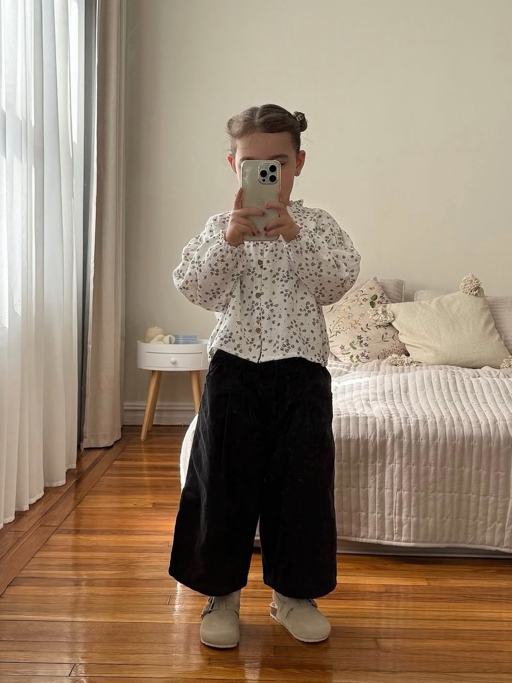 Cute Black Wide-Leg Pants with Elastic Waist & floral blouse